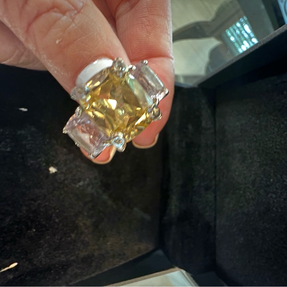 Judith Ripka citrine and amythest and diamonds  Silver Statement Ring sz 6